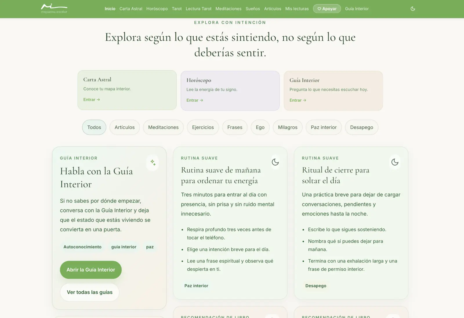 Biblioteca y guía interactiva de la plataforma Respuesta Interior